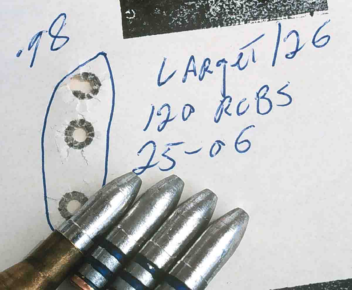 The worn bore of the .25-06 Remington still managed to put the RCBS bullets into an acceptable group with Varget.